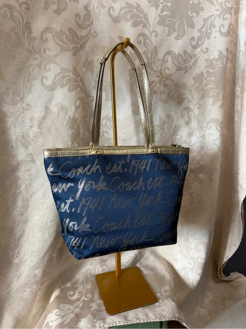 Coach Blue Graffiti Script Tote Bag Gold Trim Heart Charm Zip Top Purse - Picture 3 of 10